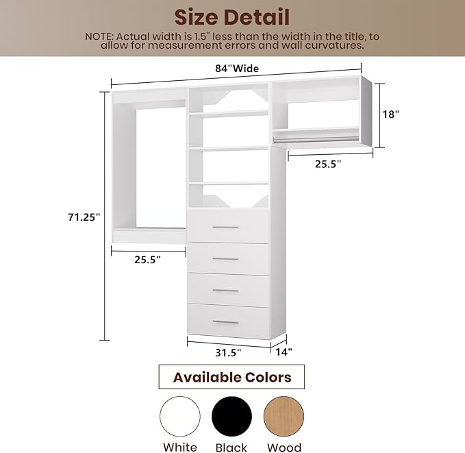 ROOMTEC Modular Closet System, 84" Wall Mounted Closet Organizer with Hanging Rods and Drawers, Modern Wooden Tower for Walk-In Closets, Wardrobe Storage Kit, White