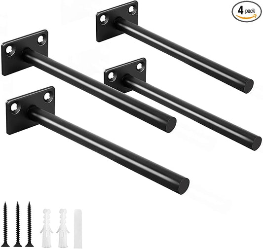 4 Pcs 6" Black Solid Steel Floating Shelf Bracket Blind Shelf Supports - Hidden Brackets for Floating Wood Shelves - Concealed Blind Shelf Support – Screws and Wall Plugs Included