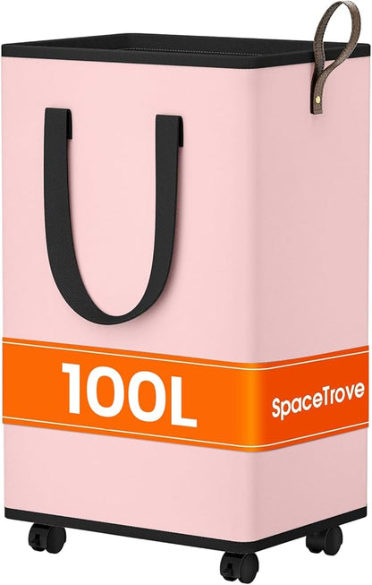 Laundry Basket with Wheels, Collapsible Laundry Baskets, Laundry Hamper with Handles Detachable Wheels, Rolling Laundry Basket, Dirty Clothes Hamper for Bathroom, Dorm, Bedroom, Pink, 100L