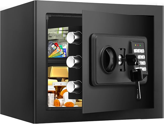 1.2 Cuft Small Home Safe Fire and Waterproof, Anti-theft Fireproof Safe Box with Digital Keypad, Spare Keys and Removable Shelf, Personal Safes for Home Money Medicine Valuables