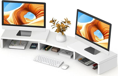 TAVR Furniture Dual Monitor Stand Riser, Computer Monitor Stands for 2 Monitors, Extra Long Multifunctional Desktop Organizer Riser for Computer, Laptop, PC, Printer, TV, Max 43.3" Length, White