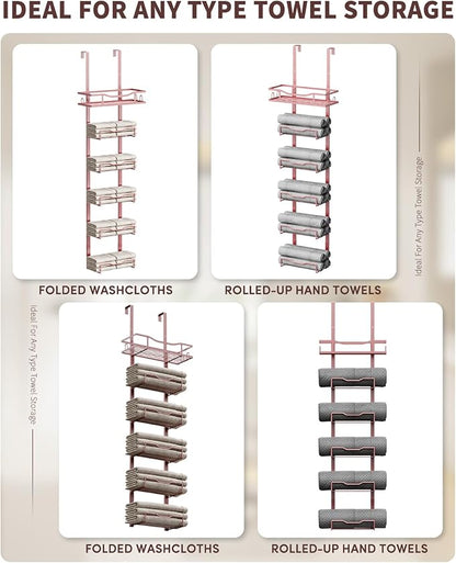 Hanging Towel Racks for Bathroom No Drill - 6-Tier Over The Door Bath Towel Storage Organizer for Small Bathrooms - Tiered Back of Door Towel Holder Hanger for Rolled Towels RV Camper Rose Gold