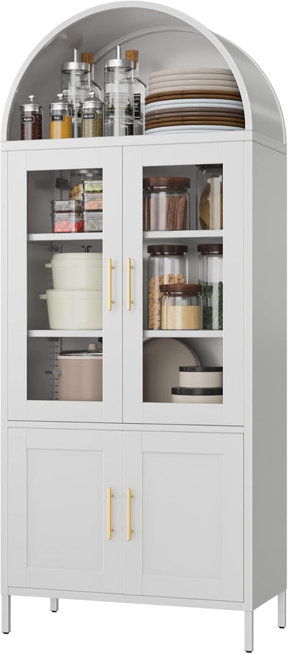 Metal White Arched Pantry Cabinet with 4 Doors,Arched Bookcase Cabinet with 2 Adjustable Shelves for Kitchen Home Office,Required Assembly