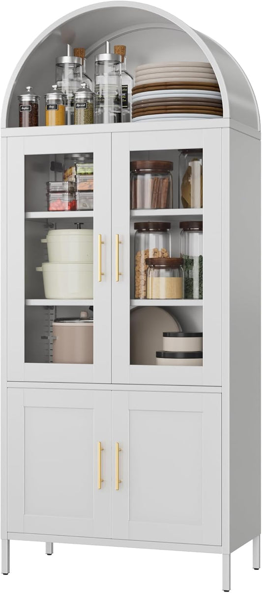 Metal White Arched Pantry Cabinet with 4 Doors,Arched Bookcase Cabinet with 2 Adjustable Shelves for Kitchen Home Office,Required Assembly