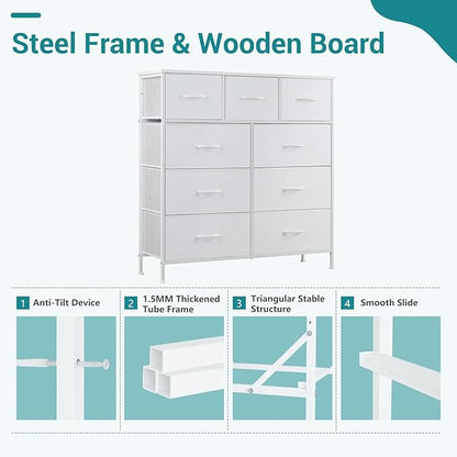 OLIXIS 9 Drawers Storage Organizers Units, Closet Organizers and Storage for Clothes, Fabric Storage Drawer for Living Room, Chest of Dresser in 39.4" D x 11.8" W x 39.9" H, White
