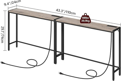 Console Table, 2 Pack Narrow Sofa Table, 43.3” Entrance Table with Power Station, Behind Couch Table, for Living Room, Hallway, Entryway, Foyer, Greige and Black CTHG112E01S2