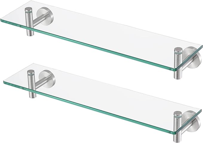 KES Glass Shelf for Bathroom, Floating Glass Shelves for Wall, 20 Inch Tempered Glass Shelf 2 Pack with Rustproof Stainless Steel Brackets Wall Mounted Brushed Finish, A2021-2-P2