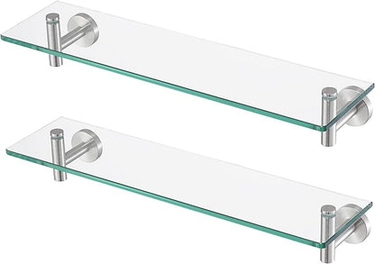 KES Glass Shelf for Bathroom, Floating Glass Shelves for Wall, 20 Inch Tempered Glass Shelf 2 Pack with Rustproof Stainless Steel Brackets Wall Mounted Brushed Finish, A2021-2-P2