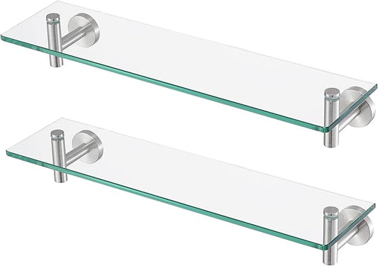 KES Glass Shelf for Bathroom, Floating Glass Shelves for Wall, 20 Inch Tempered Glass Shelf 2 Pack with Rustproof Stainless Steel Brackets Wall Mounted Brushed Finish, A2021-2-P2