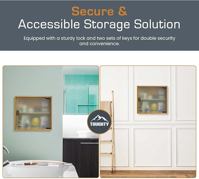 Toughty Bamboo Locking Medicine Cabinet - Wall Mount Lockable Medical Storage Box w/Key Lock - Secure Durable Organizer for Medication, First Aid & Supplies - for Bathroom or Home - 12x13x5 Inches
