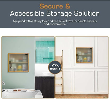 Toughty Bamboo Locking Medicine Cabinet - Wall Mount Lockable Medical Storage Box w/Key Lock - Secure Durable Organizer for Medication, First Aid & Supplies - for Bathroom or Home - 12x13x5 Inches