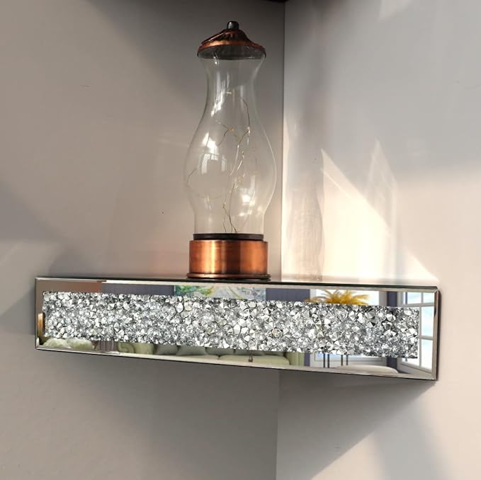 Mirrored Floating Corner Shelf, Silver Mirror Crushed Diamond Decorative Wall Shelf for Home Decoration Crystal Diamond Wall Art Decor Accent Piece Showcase 11.8" L×11.8" W×3.1" H, Set of 2