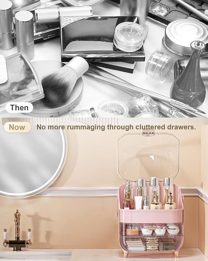 Makeup Organizer Countertop, Skincare Holder Bathroom Counter Organizer, Storage Box Cosmetic Display Cases, Teen Girl Gifts Make up Organizers for Vanity, Dresser (Pink) | Skincare Holder, Teen Girl Gifts, Trendy Stuff, Make up Organizers