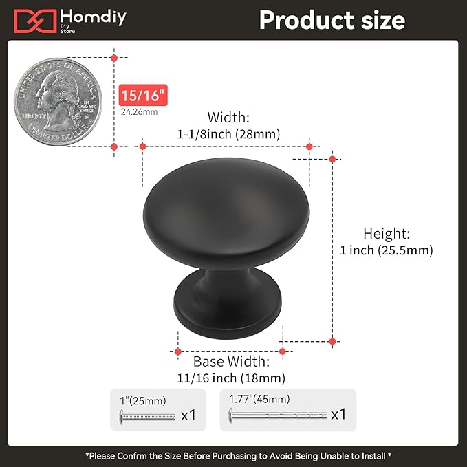 homdiy Black Round Drawer Knobs, 50 Pack Kitchen Cabinet Hardware Knobs, Metal Drawer Pulls Dresser Handles for Bathroom, Closet, Wardrobe