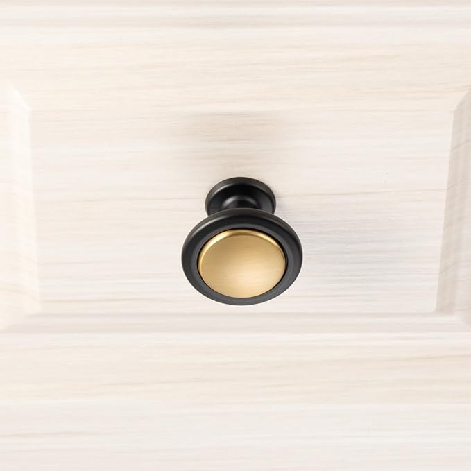 KOOFIZO 10 Pack Gold and Black Kitchen Cabinet Knobs Brushed Gold and Black Drawer Knobs 1960 Round Single Hole Cabinet Pulls for Cabinets Drawers Dresser Cupboard Bedroom Bathroom
