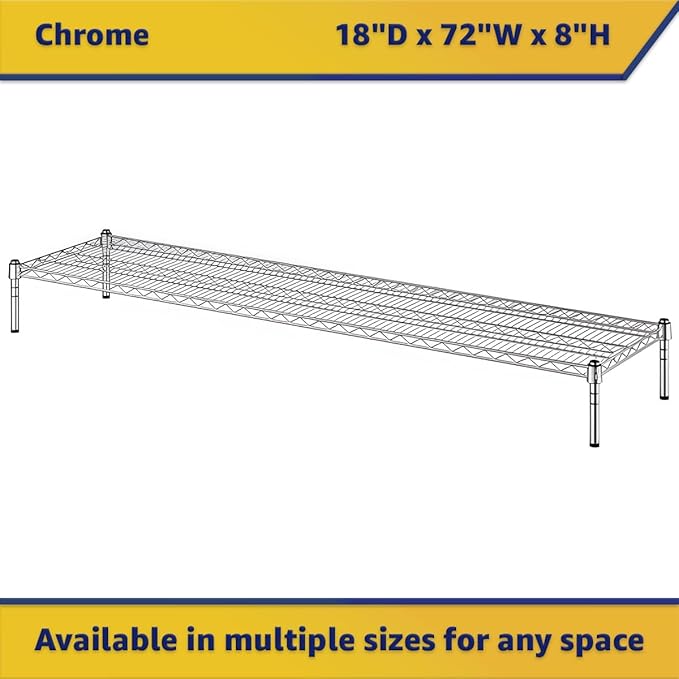 18" x 72" x 8" Chrome Wire Storage Shelf, Dunnage Rack, Commercial 1 Tier Small Shelf