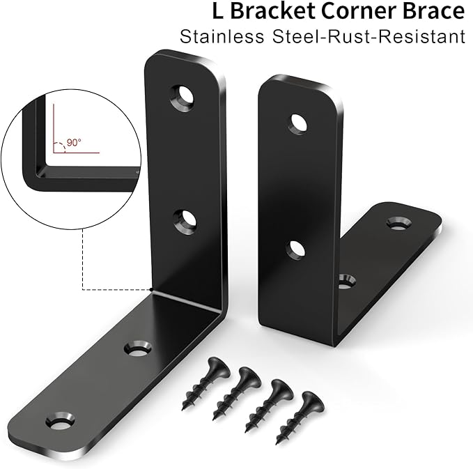 YUMORE L Bracket Corner Brace, 6Pcs 65x65mm Joint Right Angle Brackets Heavy Duty Stainless Steel 90 Degree Bracket Fastener for Wood Shelves Chair Tables Dressers Furniture with Screws, Black