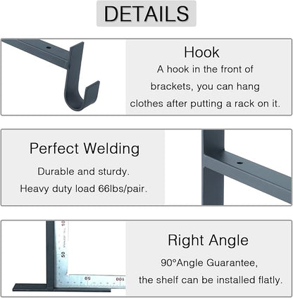 OVOV Closet Rod Bracket Heavy Duty 8 Inch Closet Shelf Brackets with Rod Holder Black Wall Mounted Closet Rod Support Brackets with Hook (2 Pack)