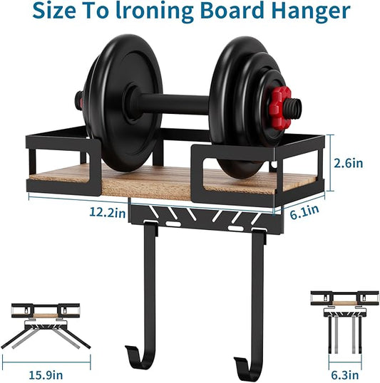 Wall Mount Ironing Board Holder - Heavy Duty Metal Hanger with Storage Hooks, Space Saving Organizer for Laundry Room, Garage, Door - Black