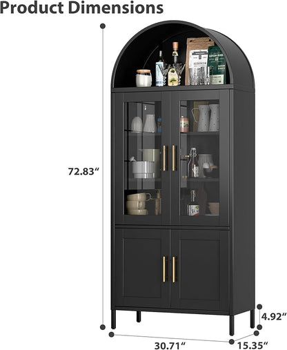 Metal Arched Bookcase Cabinet with 4 Doors,Arched Kitchen Pantry Cabinet for Home Office Living Room,Required Assembly,Black