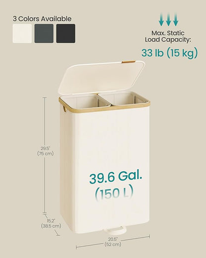SONGMICS Laundry Hamper, Laundry Sorter with Lid, Storage Basket Bin, Removable Liners, Bamboo Frame, for Bedroom, 2 Sections, 39.6 Gal. (150 L), Cream White ULCB532WD01