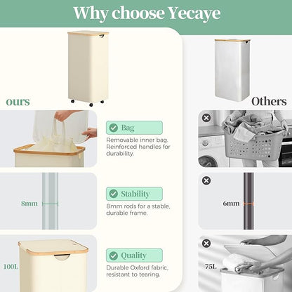Yecaye 100L Large Capacity Laundry Hamper – Foldable Rolling Laundry Basket, Mobile Clothes Hamper with Wheels, Removable Inner Bag, Bamboo Handle Lid Laundry Bin – Multi-Use Storage,Beige