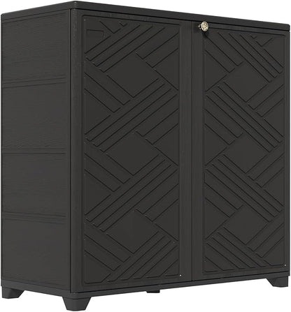 HOMSPARK Indoor/Outdoor Storage Cabinet with Doors and 2 Metal Shelves, 34”x15”x34” HDPE Plastic Storage Box for Patio, Garden, Enterway, Balcony, Multi-Purpose for Daily Tools, Black