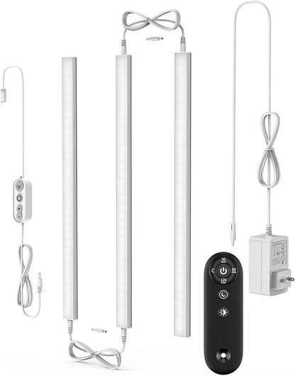 Remote Control Under Cabinet Led Light Plug in, Dimmable Daylight White 4500K, 3 Pack 12 inch Linkable Under Counter Lights for Kitchen Upgrade ETL Listed Plug 24V, UNO-LK 4500K
