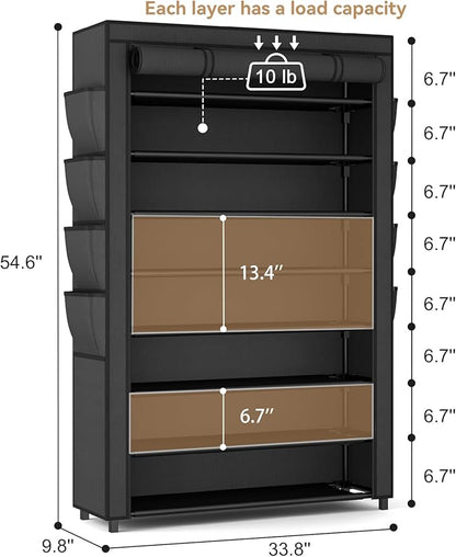 Shoe Rack with Cover, 8 Tier Tall Shoe Organizer Storage for 36-45 Pair Shoes and Boots Large Shoe Storage Shelf Free Standing Shoe Rack for Closet, Front Door Entrance, Dorm, Garage