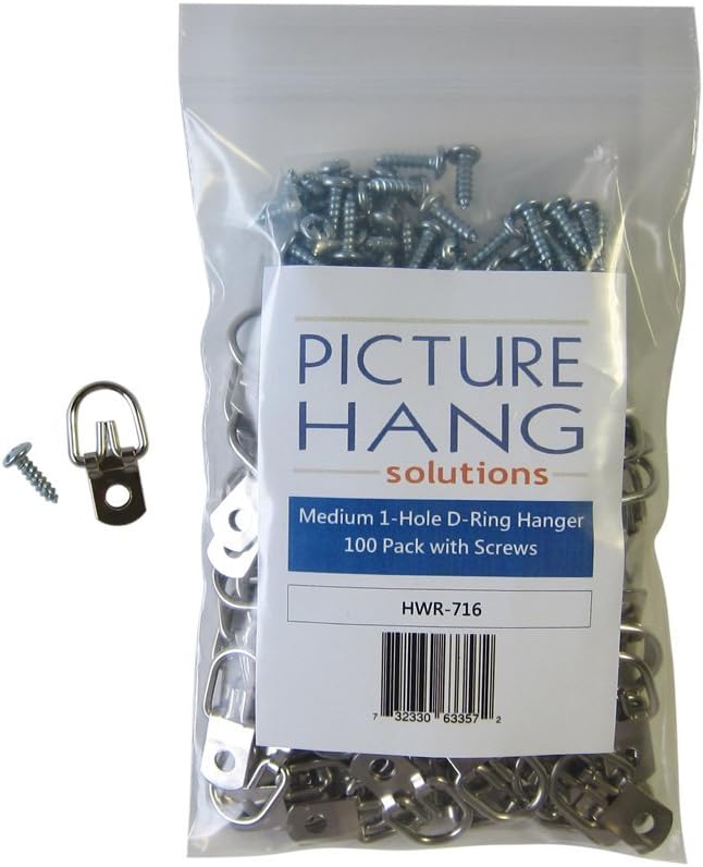 D Ring Picture Hangers with Screws - 100 Pack - Bulk D Rings - Pro Quality Hangers, Picture Hanging Hardware, Dring, Small D Ring Picture Hangers - Picture Hang Solutions.