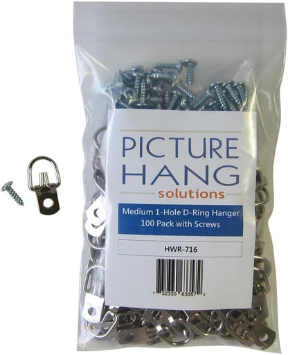 D Ring Picture Hangers with Screws - 100 Pack - Bulk D Rings - Pro Quality Hangers, Picture Hanging Hardware, Dring, Small D Ring Picture Hangers - Picture Hang Solutions.