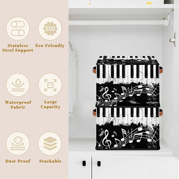 Music Note Ballet Storage Bins with Zipper Lid, Collapsible Fabric Storage Basket with Leather Handles Closet Shelf Cloth Organizer Basket for Nursery Bedroom Clothes Toy