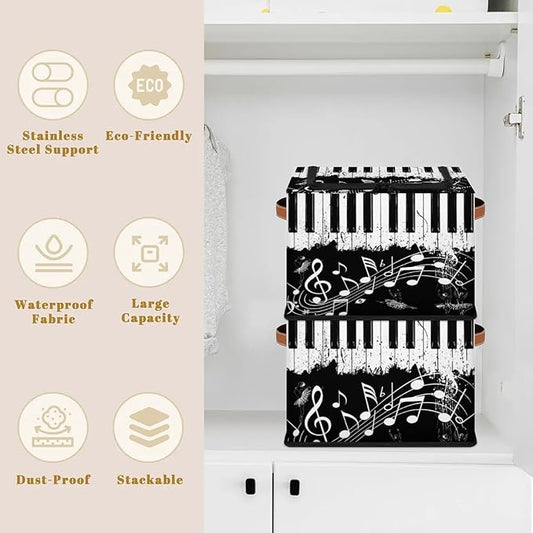 Music Note Ballet Storage Bins with Zipper Lid, Collapsible Fabric Storage Basket with Leather Handles Closet Shelf Cloth Organizer Basket for Nursery Bedroom Clothes Toy
