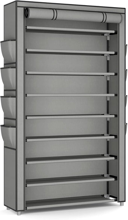 Shoe Rack with Cover, 10 Tier Shoe Organizer Storage for 40-50 Pairs Sneaker and Boots, Large Capacity, with 8 Pockets, Free Standing Tall Shoe Rack for Front Door Entrance, Closet, Grey