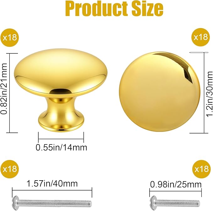 Romeda 18 Piece Drawer Knobs, Gold Cabinet Knobs with Screw, 30mm Drawer Pulls for Dresser, Kitchen, and Cabinet Drawers