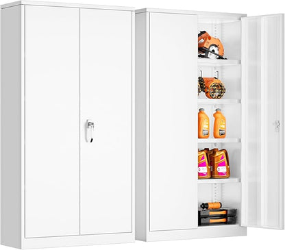 Bonusall Garage Cabinet with Lockable Door,2 Door Metal Tool Cabinets with 4 Adjustable Shelves,Locking Steel Cabinet for Home Office, Warehouse，School(White)