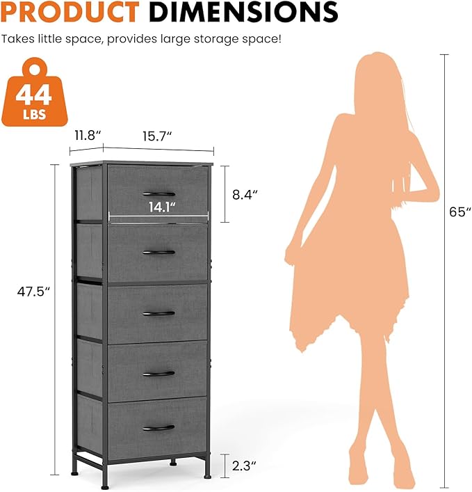 Sweetcrispy 5 Drawer Dresser with Fabric Bins, Sturdy Steel Frame and Wood Top, Storage Organizer Chest for Bedroom, Closet, Hallway, Gray
