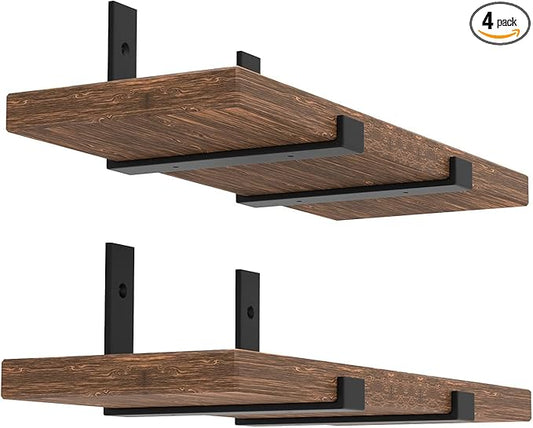 Shelf Bracket, Heavy Duty Floating Shelf Brackets 10-Inch Long, 4-Pack Brackets for Shelves, Black Coated J Shape Metal Wall Shelf Support Brackets with 1/5-Inch Thick and 160 lb. Load Capacity