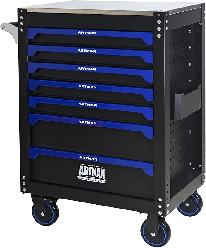 30 inch 7-Drawer Rolling Tool Chest with Wheels,Stainless Steel Countertop Heavy Duty Tool Cart,Locking System, Rolling Cabinet for Garage Warehouses,Repair Shops,Requires Assembly (Black&Blue)