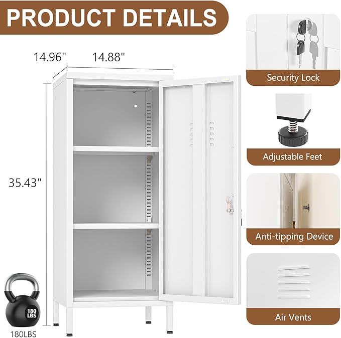 35.43" Metal Storage Locker with Lockable, Metal Steel Locker for Employees with 1 Door ＆ 2 Adjustable Shelves, Small Locker Storage Cabinets for Home, School, Office, Gym (White)
