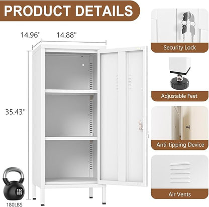 35.43" Metal Storage Locker with Lockable, Metal Steel Locker for Employees with 1 Door ＆ 2 Adjustable Shelves, Small Locker Storage Cabinets for Home, School, Office, Gym (White)