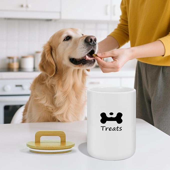 Dog Treat Container Airtight - 5 Inch Wide x 8.7 Inch White Ceramic Dog Treat Jar for Kitchen Counter, Doggie Cookie Jar with Airtight Bamboo Lid - Farmhouse Style Dog Food Storage Container