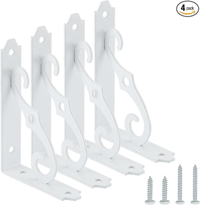 HOME MASTER HARDWARE Decorative Shelf Brackets 5x3-1/2 in Wall Mounted Floating Shelf Bracket L Heavy Duty Support Corner Brace Joint Right Angle Bracket for DIY Open Shelving with Screws White 4 Pcs