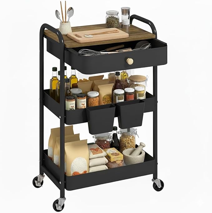 danpinera Rolling Cart with Drawers, Black Storage Cartwith Locked Wheels, Hooks & Hanging Cups for Any Room