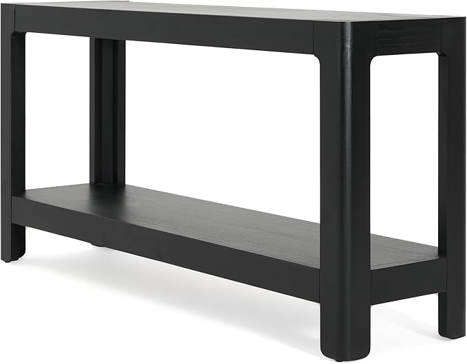 59-Inch Long Console Table, Modern Farmhouse 2-Tier Console Table, Elegant Minimalist Design with Premium Wood Veneer and Rounded Corners for Entrance, Hallway, Living Room (Black-880)