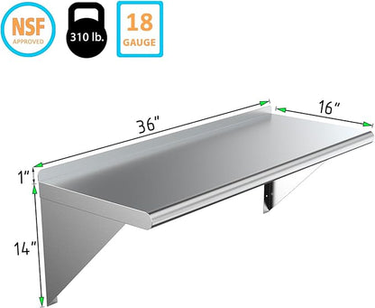 NSF Certified 18 Gauge Heavy Duty Stainless Steel Wall Shelf with Brackets for Kitchens, Utility Rooms, Storage, Offices & Home (36"x16")