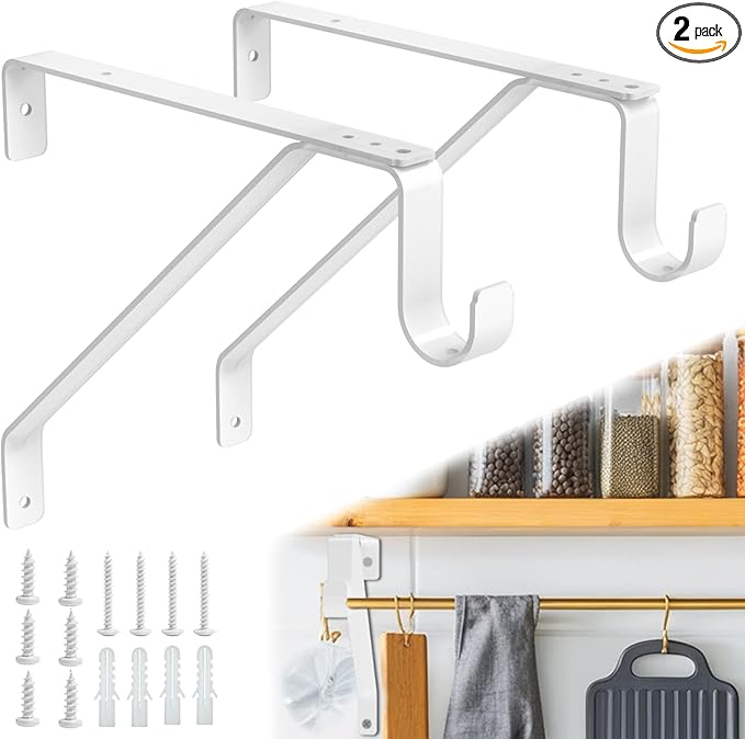 Pisman 10 Inch Heavy Duty Closet Rod Bracket Adjustable 2-Pack, Closet Rod Support with Shelf Bracket and Rod Holders - White Steel Clothes Hanger for Bedroom, Laundry Room Storage