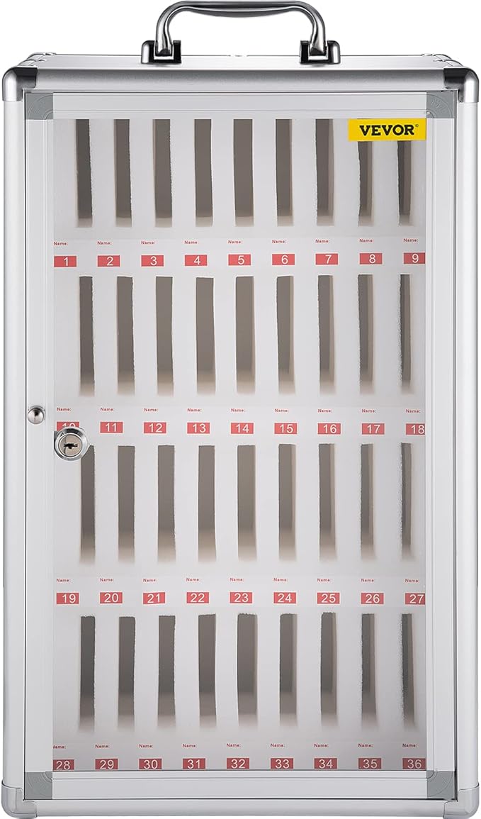 VEVOR 36-Slot Cell Phone Locker – Silver Aluminum with Key Lock Portable Handle, Handwritten Tags, and Wall-Mount for Offices, Classrooms, Gyms