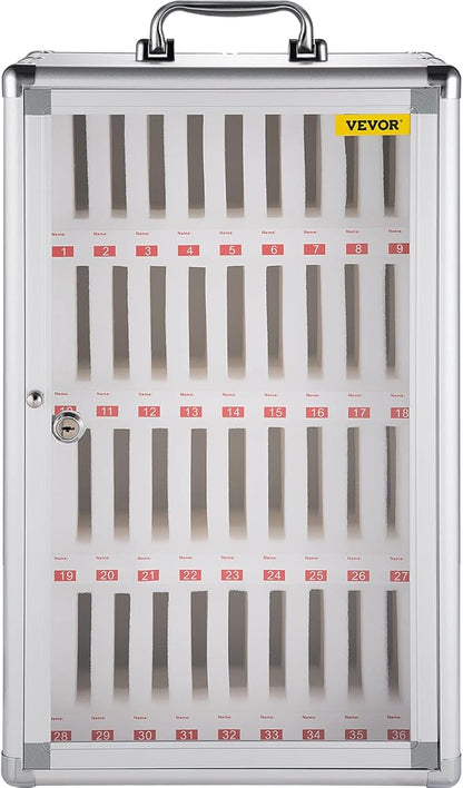 VEVOR 36-Slot Cell Phone Locker – Silver Aluminum with Key Lock Portable Handle, Handwritten Tags, and Wall-Mount for Offices, Classrooms, Gyms