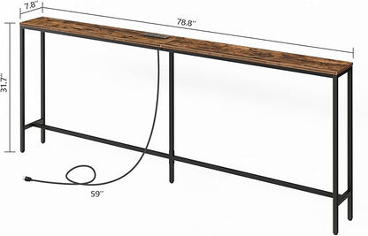 78.7" Console Table with Power Outlet, Narrow Sofa Table, Industrial Entryway Table with USB Ports, Behind Couch for Entryway, Hallway, Foyer, Living Room, Rustic Brown CTHR20E01